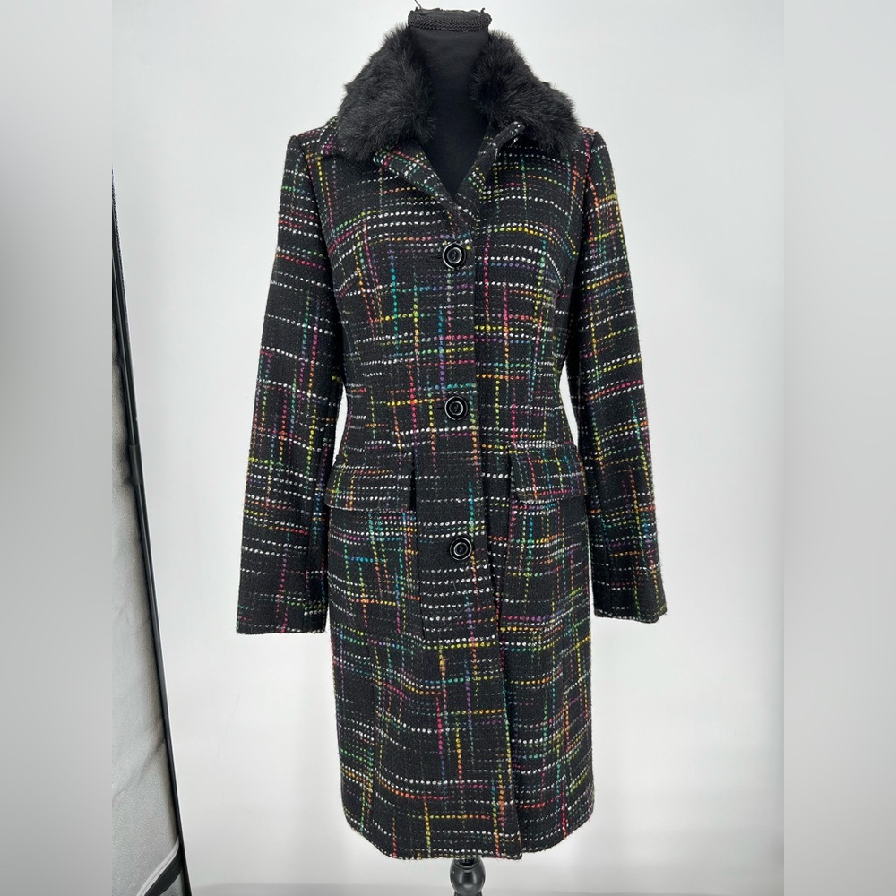 Nine West wool blend‎ multi-color plaid coat w/a removable black faux fur collar